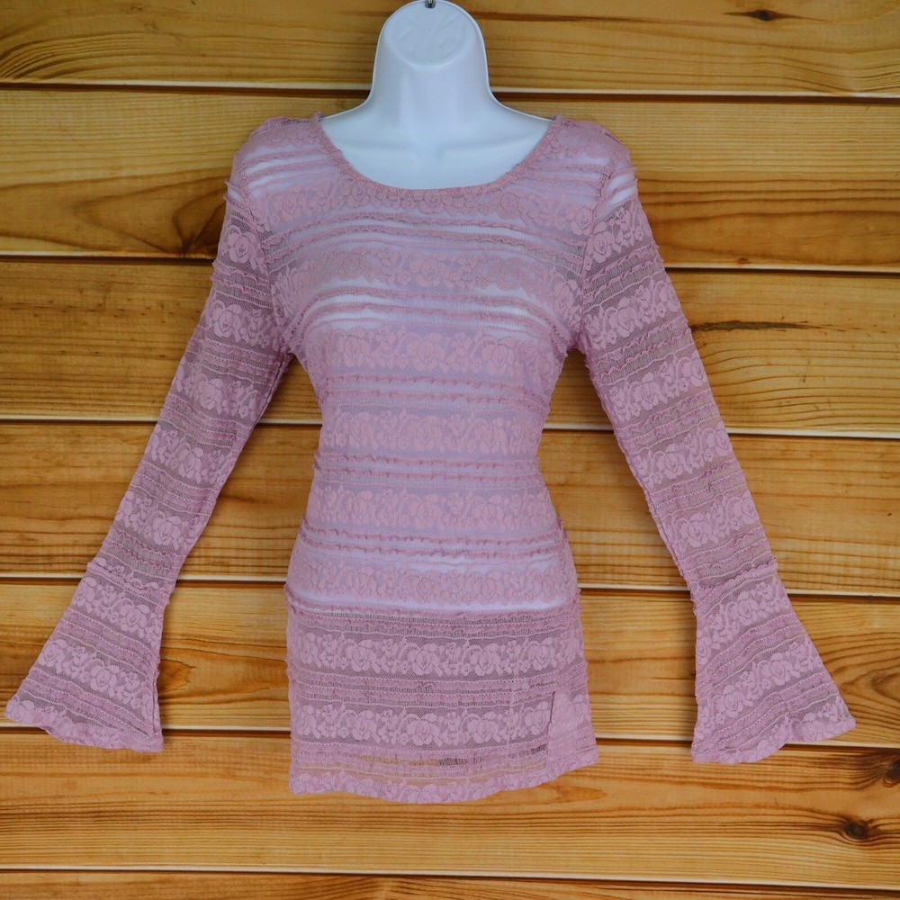 Jessica Simpson Maternity Blouse Bell Sleeves‎ Womens S Purple Floral Lace Sheer